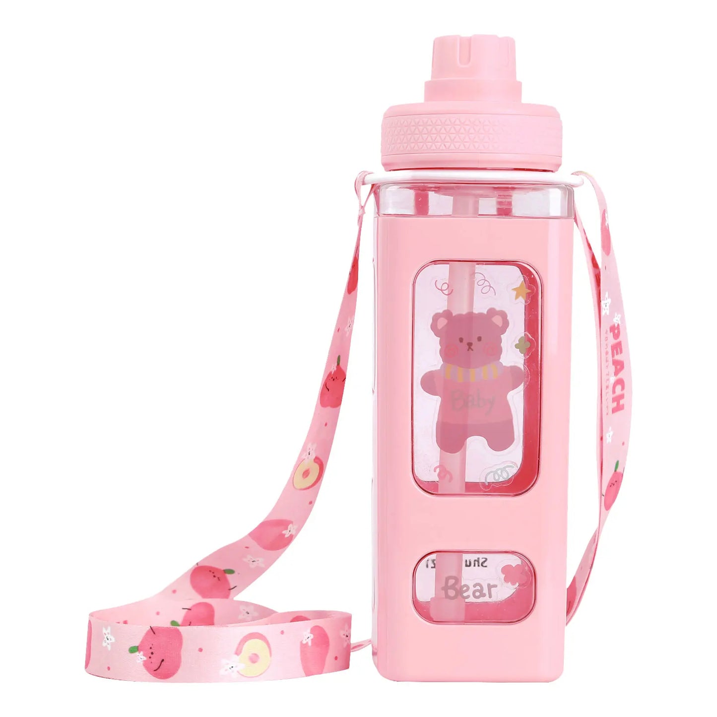 Water Bottle with Straw - 700ml 24 Oz Drinking Bottle Square Cute Water Jug