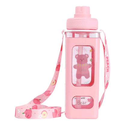 Water Bottle with Straw - 700ml 24 Oz Drinking Bottle Square Cute Water Jug