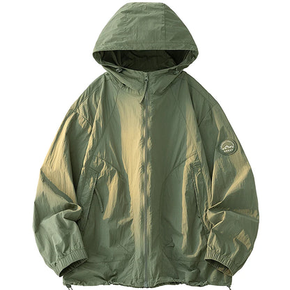 UPF50+ Men's Hooded Sunscreen Jacket Summer Ultra Thin Zipper Pocket Windbreaker Elastic Cuffs Outdoor Hiking Fishing Skin Coats