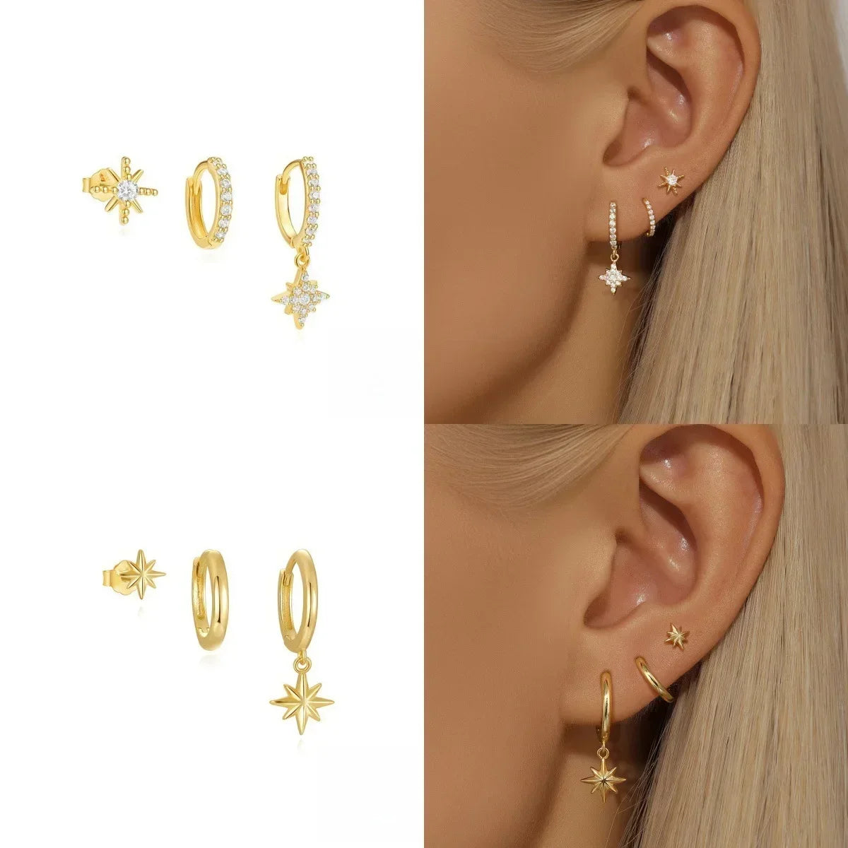 3 Piece Fashion Stainless Steel Round Star Drop Earrings Set for Women 18K Gold Plated Dangle Earring Punk Unisex Rock Jewelry