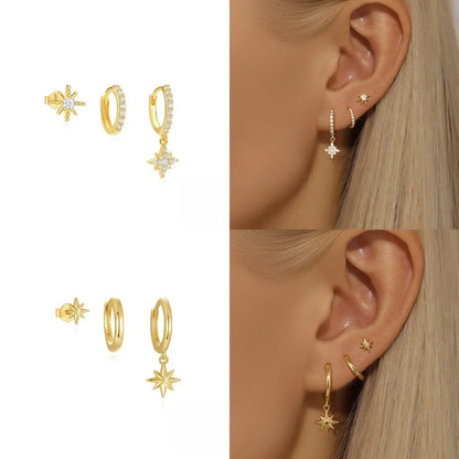 3 Piece Fashion Stainless Steel Round Star Drop Earrings Set for Women 18K Gold Plated Dangle Earring Punk Unisex Rock Jewelry