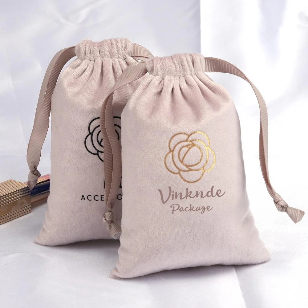100pcs Custom Logo Jewelery Velvet Drawstring Bag Soft Champagne Velvet Suede Pouches Packaging for Wedding Party Gift Organizer