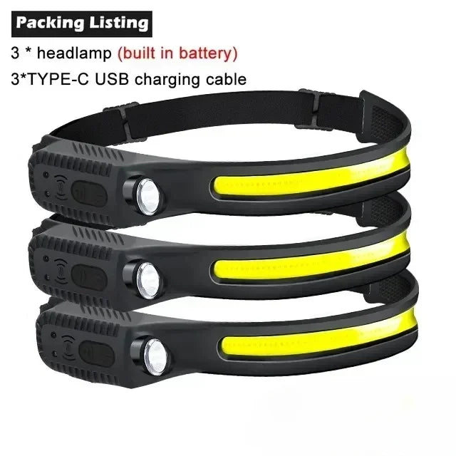 COB LED Headlamp Induction Head Lamp Built-in Battery USB Rechargeable Head Flashlight Outdoor Camping Fishing Sensor Headlight