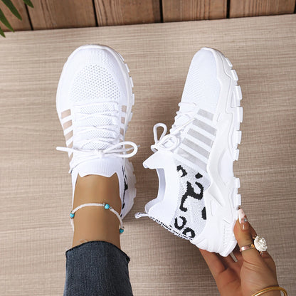 Leopard Print Knit Women's Sneakers Breathable Mesh Lace Up Casual Walking Shoes Non-Slip Thick Sole Fashion Sport Trainers for