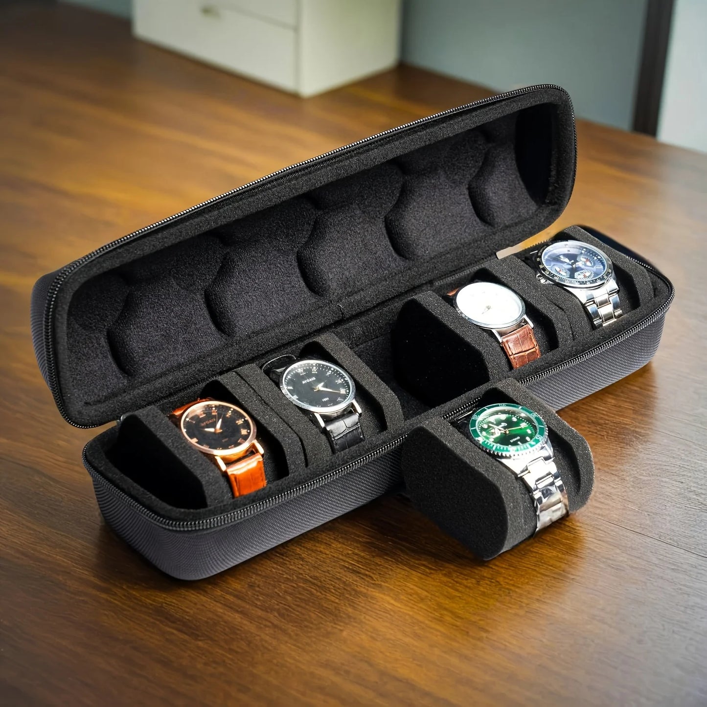1pc 5-Slot Watch Case | Hard Shell Travel Organizer with Pillow Insert - Gift Ready (Black),suitable for smart watch storage
