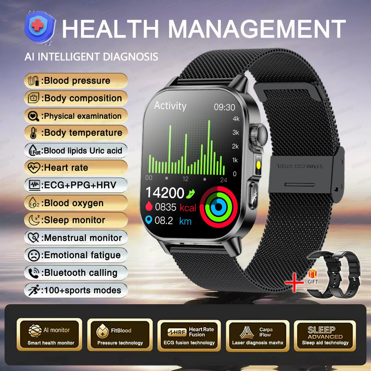 2026 New Accurate Diagnosis Smart Watch ECG Blood oxygen BP Uric acid Lipids Health HD AMOLED Screen call Smart watch Men Women