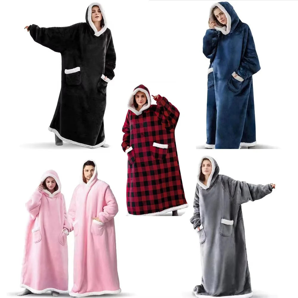 150/180cm Zimowy Gruby Koc Ekstra Pluszowy Z Kapturem Wydłużony Duża Kieszeń Imitacja Kaszmiru Płaszcz Domowy Polarowy Koc TV 1 szt.