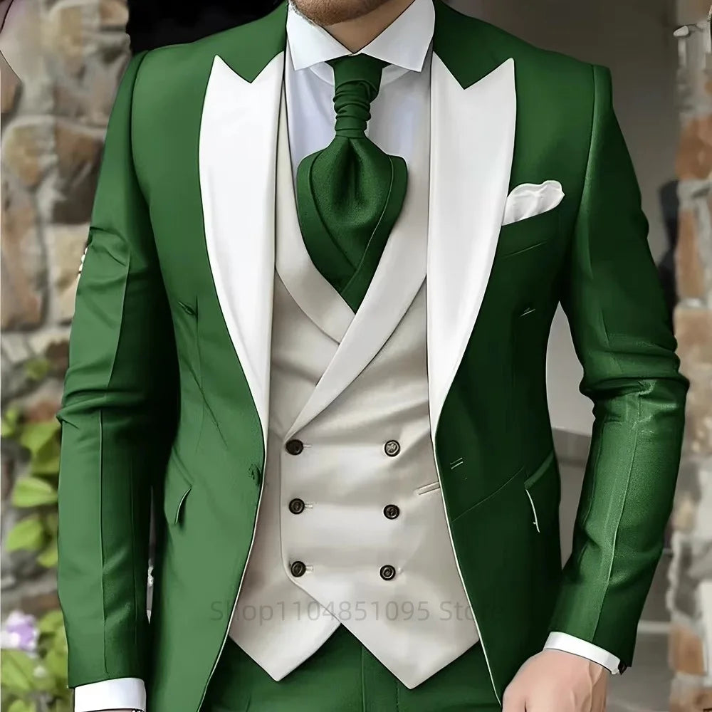 Pink Men's Elegant Peak Lapel Tuxedo 3-Piece Suit with Blazer Vest And Pants Set for Formal Business Prom Grooming