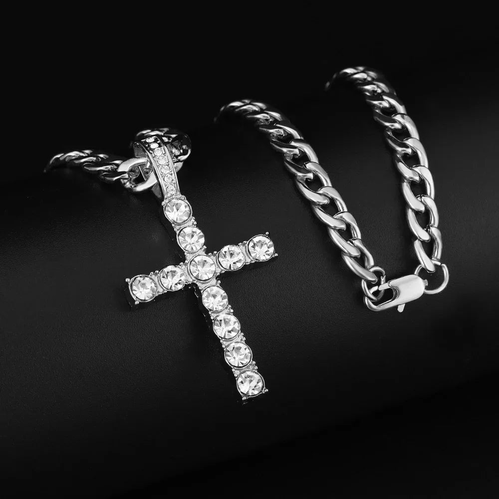 Men's Hip Hop Trendy Fashion Large Dial Diamond Inlaid Cuban Chain Watch Set
