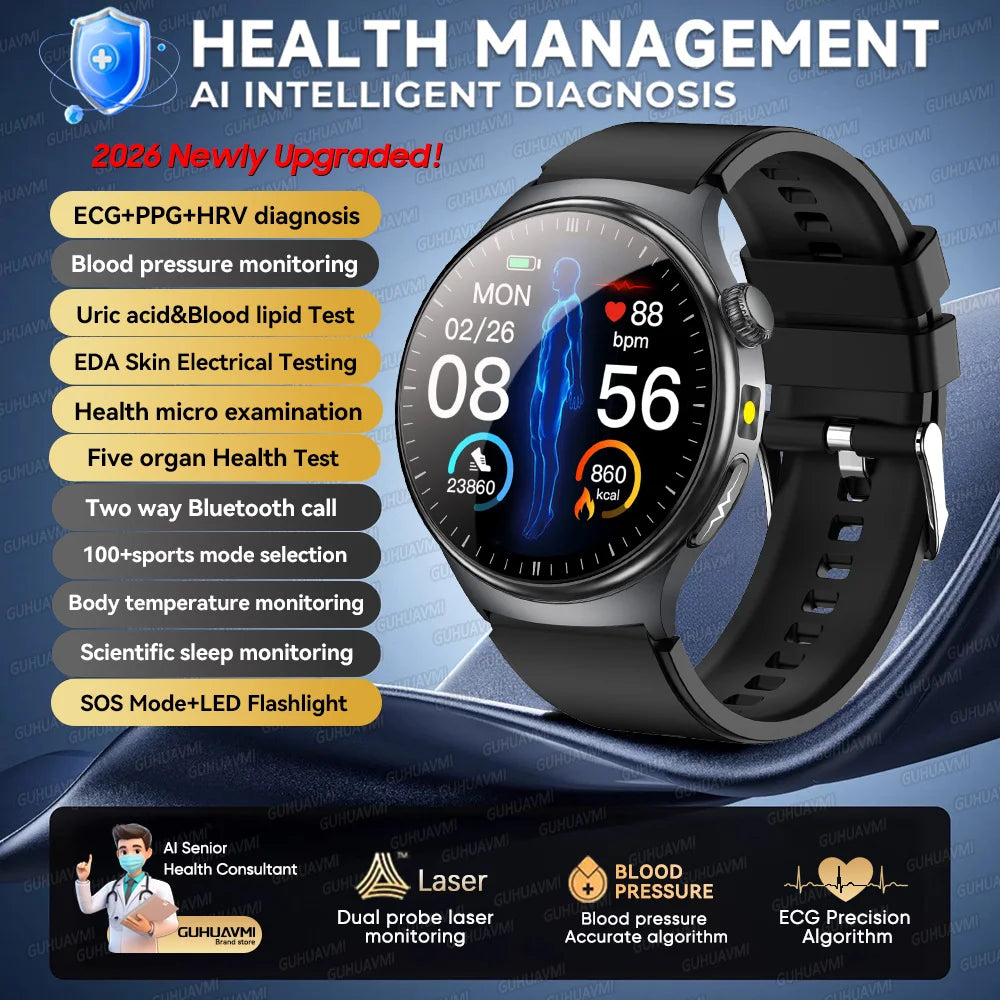 2026 New AI-Diagnosis Care Smartwatch ECG+PPG Accurate Uric Acid Blood Pressure Body Fat Five Organ Fitness Waterproof Smartwatc