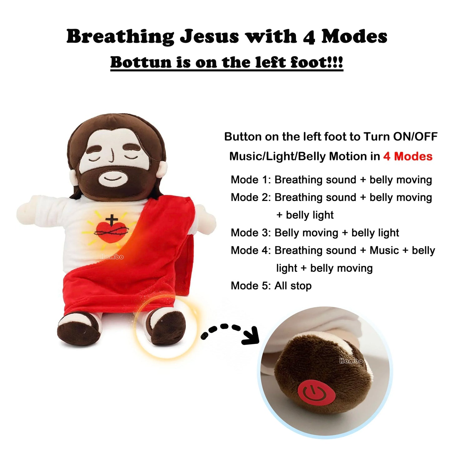 Breathing Jesus Plush Toy Soft Calming Sacred Heart Comfort Plushie for Kids, 4 Breathing Modes, Easter Christmas Gift
