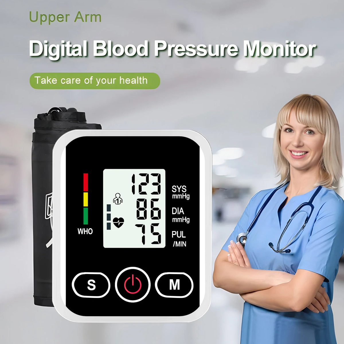Medical Care Blood Pressure Monitor Test Kit Upper Arm Cuff Automatic Sphygmomanometer Digital BP Meter Use USB Cable or Battery