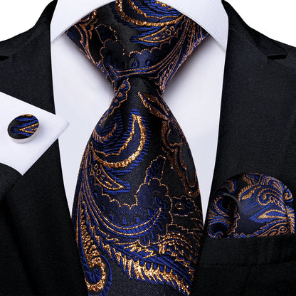 Black And Silver Paisley Floral Men's Ties Gray Blue Pink Wedding Accessories Neck Tie Set Handkerchief Cufflinks Gift For Men