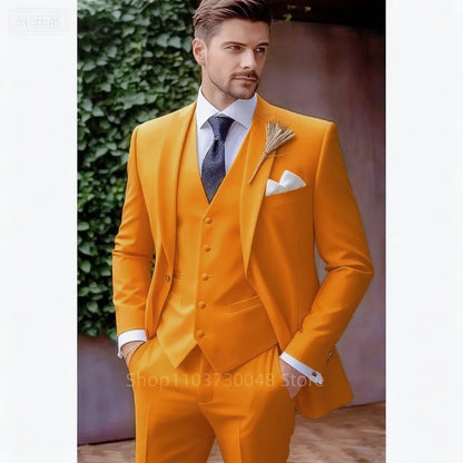 Luxury Solid 3-Piece Men's Tuxedo Suits Slim Fit Peak Lapel Blazer Vest And Pants Set for Prom Wedding Business Men Clothes