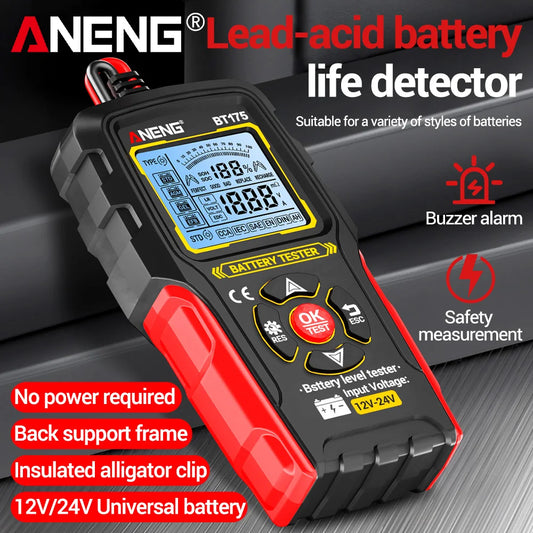 12V 24V Digital Car Battery Tester Alternator Automotive Analyzer Display Screen ANENG BT175 With Insulated Alligator Clip Tools
