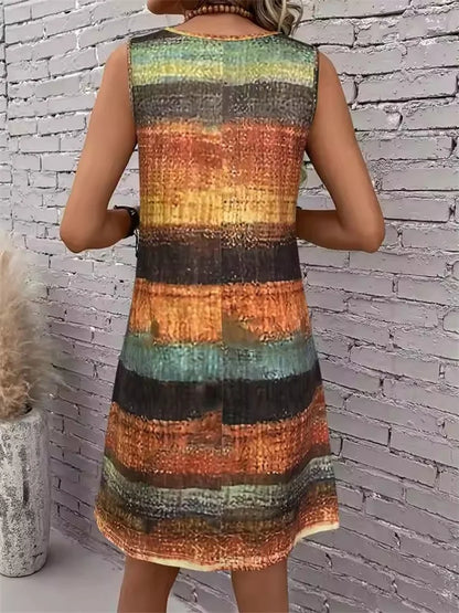 2025 New Fashion Women's Dress Casual Beach Round Neck Sleeveless Loose Dress Summer Women's Vest Striped Print Dress Sundress