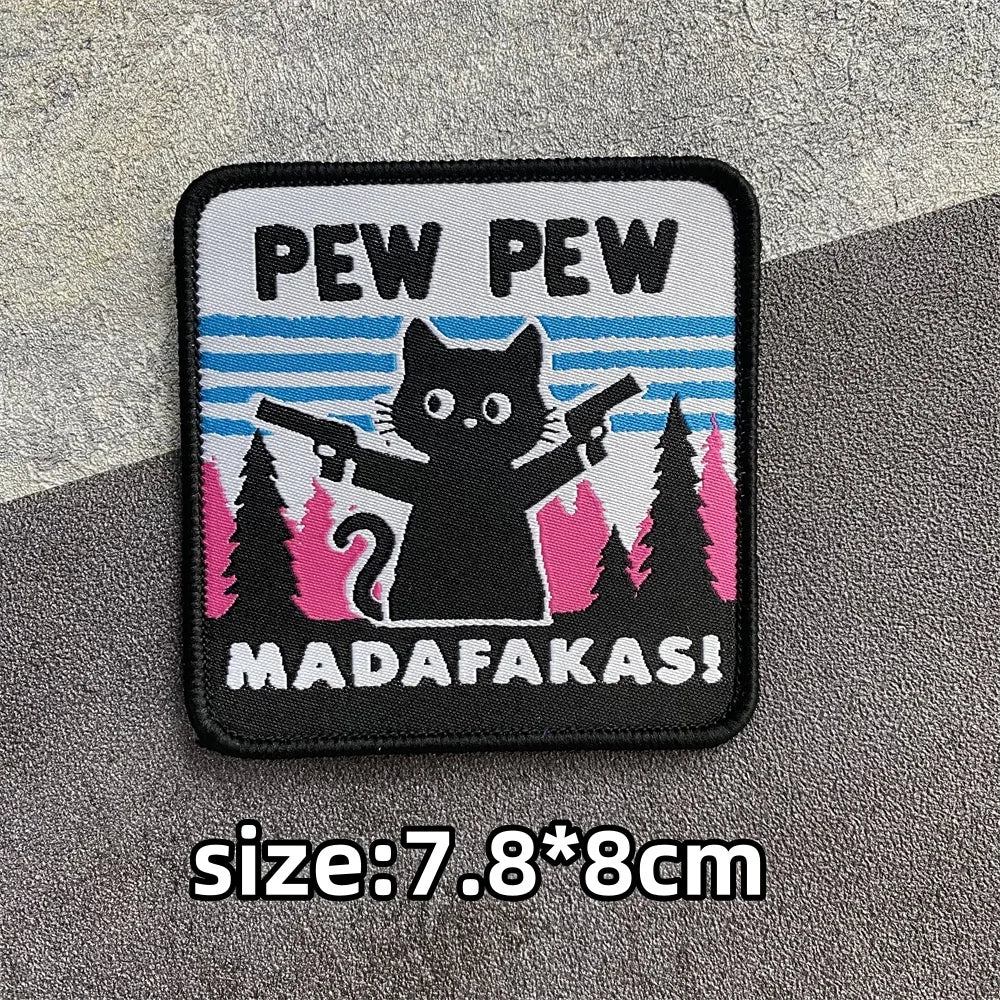 PEW PEW Madafakas Gun Tactical Morale Badge Patch Black Cat It's Fine Armband Fabric Patches Funny Hook & Loop  Backpack Emblems