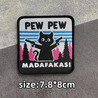 PEW PEW Madafakas Gun Tactical Morale Badge Patch Black Cat It's Fine Armband Fabric Patches Funny Hook & Loop  Backpack Emblems