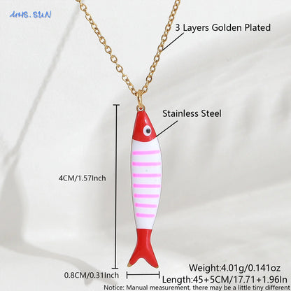 Cute Colorful Enamel Fish Pendant Necklaces For Women Girls Lovely Stainless Steel Gold Color Summer Waterproof Beach Jewelry
