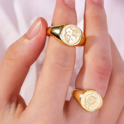 Family Crest Signet Ring Custom Image Logo Engraved Wax Seal Ring Inner Text Engraving 18K Gold Plated Heirloom Jewelry Gifts