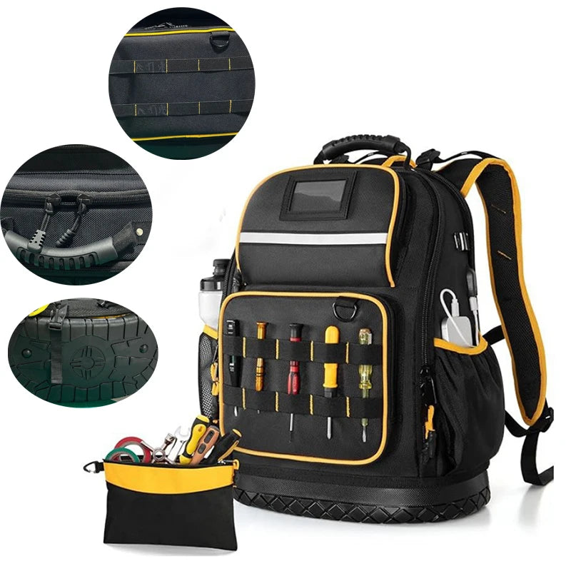 Heavy-duty tool backpack with detachable tool storage pockets, large capacity storage bags, and multi-functional slip pockets.