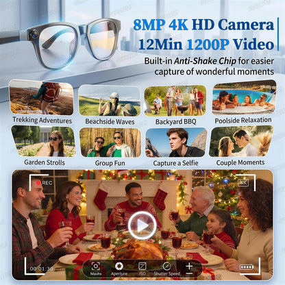 2026Nowe okulary AI z kamerą 8MP 4K HD Męskie 3600mAh Power Bank Pamięć 32G Okulary tłumaczące 160+ Wodoodporne inteligentne okulary przeciwsłoneczne Damskie