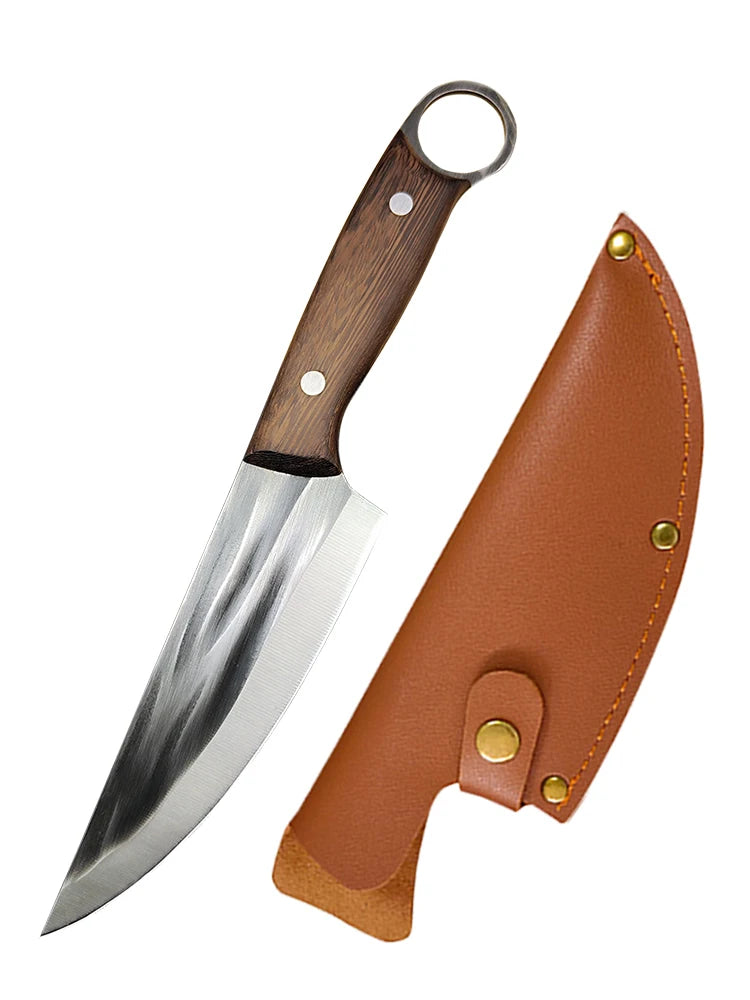 Kitchen Chef Knife with Sheath Meat Cleaver Boning Slicing Sushi Fish Beef Cutting, Wood Handle ﻿
