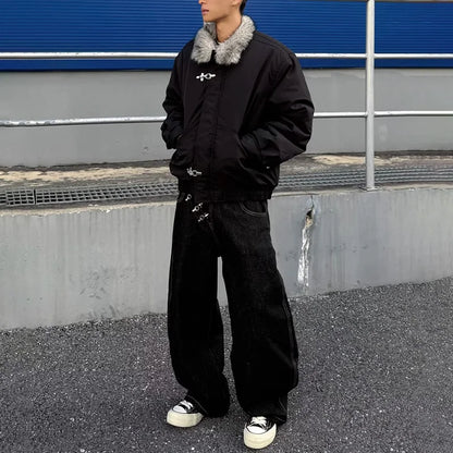 2026 Spring/Summer Korean Black Men'S Curved Knife Jeans Loose Straight Legs Casual Wide Legs 3xl Large Jeans