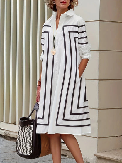 Women's Casual Striped Button Loose Fit Knee-Length Short Sleeve Black & White Vertical Stripes for Spring Summer Fall