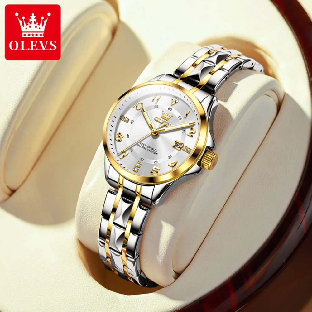OLEVS 2910 Original Quartz Watches for Women Rhombus Steel Strap Waterproof Luminous Calendar Elegant Luxury Ladies Wristwatches
