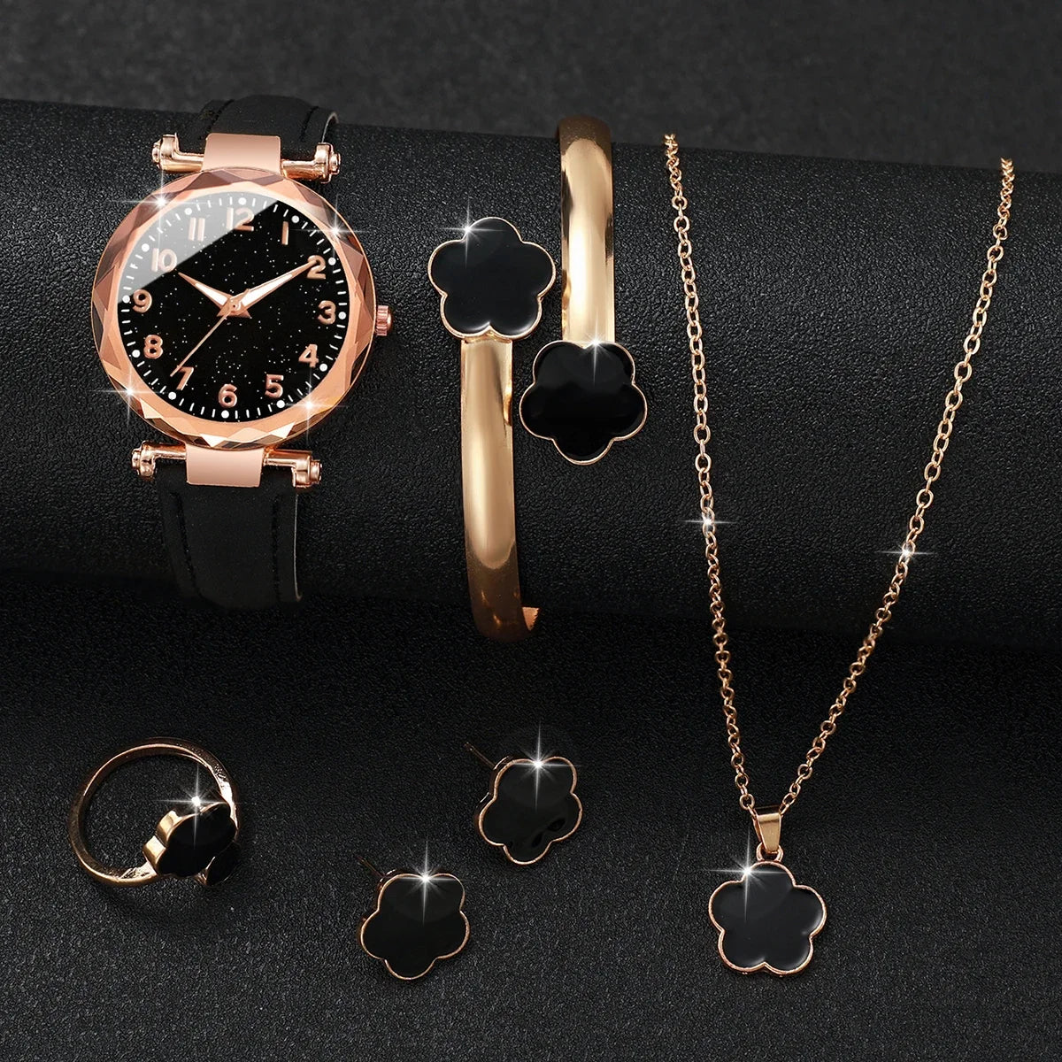 20266PCs/Set Women's Watch Fashion Digital Leather Quartz Watch with Unique Flower Jewelry Set