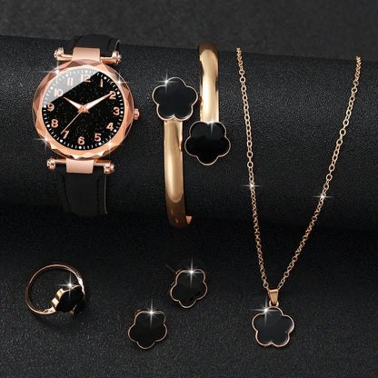 20266PCs/Set Women's Watch Fashion Digital Leather Quartz Watch with Unique Flower Jewelry Set