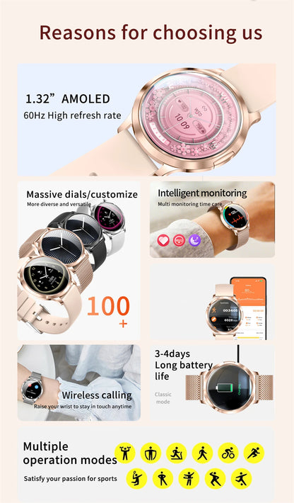 Nowy Smartwatch dla Kobiet 1.32 Cala AMOLED HD Ekran Sportowy Fitness Wodoodporny Zegarek Połączenia Bluetooth Cyfrowy Smartwatch Damski