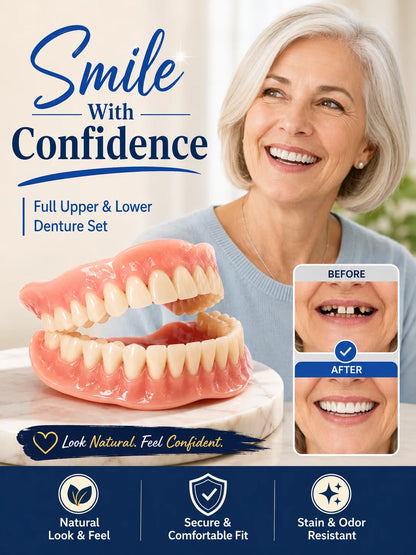 Full Mouth Silicone Dentures Upper And Lower Fake Teeth Natural Looking Comfortable Fit Removable False Teeth For Daily Wear