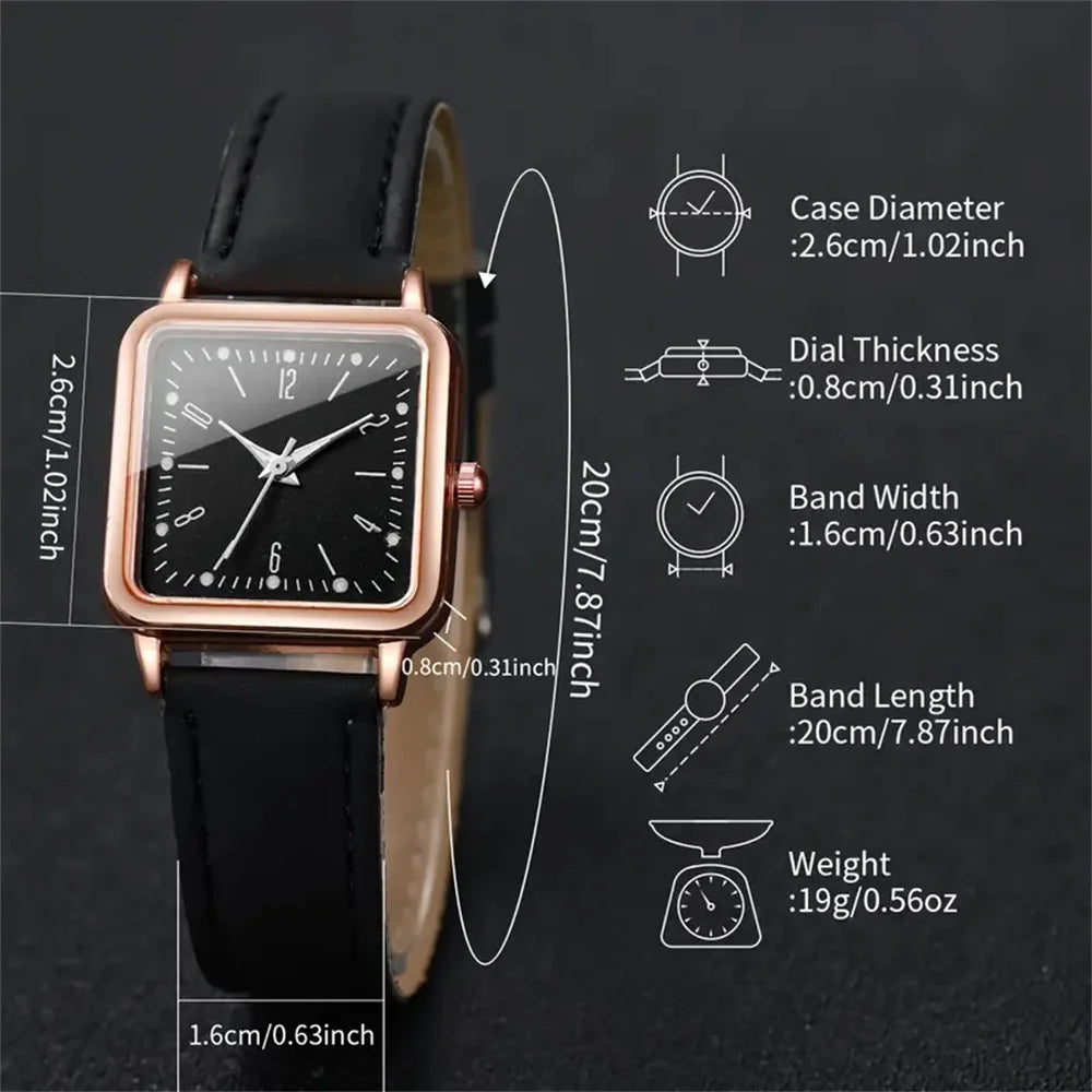 2PCS/Set Fashion Square Women's Watch Leather Band Quartz Watches Heart Bracelet Set
