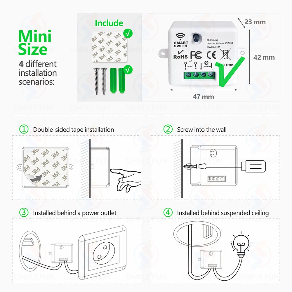 Mini 433MHz Smart Light Switch,50m Self Powered Wireless Wall Switch No Need Battery,110V 220V Mini RF Module,for Home Appliance