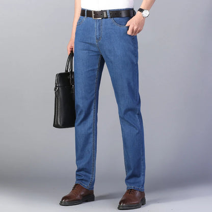 Summer New Elastic Men's Jeans Fashion Comfortable Business Straight Stretch Cotton Casual Denim Pants Brand Male Thin Trousers