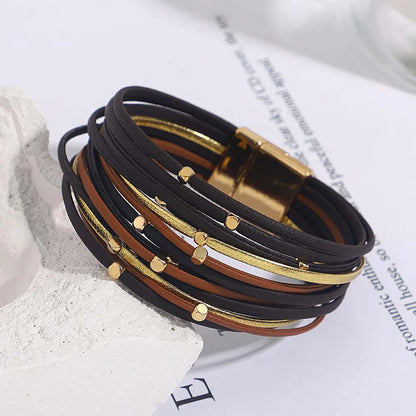 ALLYES Charm Triple Color Leather Bracelet for Women Bohemian Metal Beads Multilayer Thin Strip Wrap Bracelets Fashion Jewelry