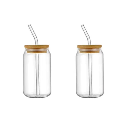 16oz Glass Drinking Cup Comes with A Bamboo Lid and A Glass Straw Suitable for Cocktails Coffee Beverages Etc.