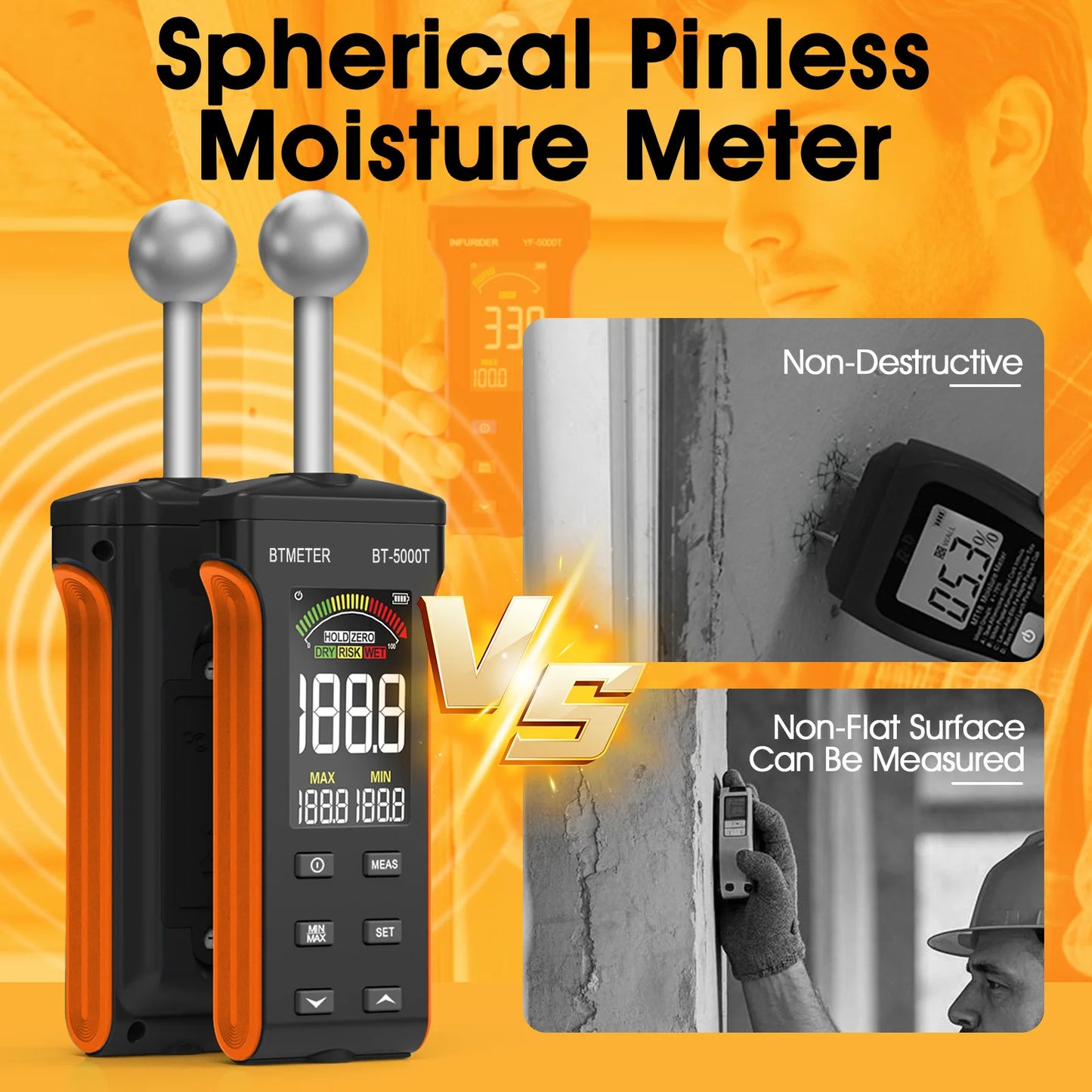 BTMETER Wood Moisture Meter - Pinless Moisture Detector Measur Depth 20-40mm Non-Destructive Moisture Tester with Masonry