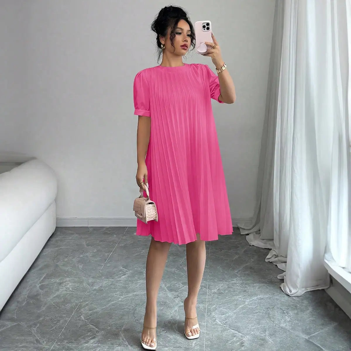 Women's Pure-Color Pleated Puff Sleeve Midi Dress - Elegant Round Neck Loose A-Line Swing Dress for Office, Casual Daily Holiday