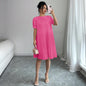 Women's Pure-Color Pleated Puff Sleeve Midi Dress - Elegant Round Neck Loose A-Line Swing Dress for Office, Casual Daily Holiday