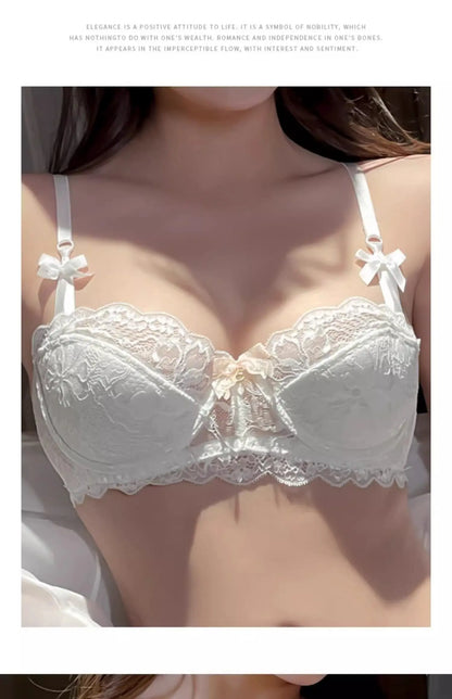 French Pure Passion Bow Shaped Shoulder Strap Lace Sexy Half Cup Push Up Bra Set Women's Thin Lingerie Big Breast Small Cup S-XL