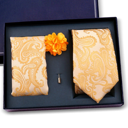 Elegant Ties For Men Classic Paisly Neck Tie Pocket Square Brooch Set With Gift Box Mens Business Wedding Suit Accessories