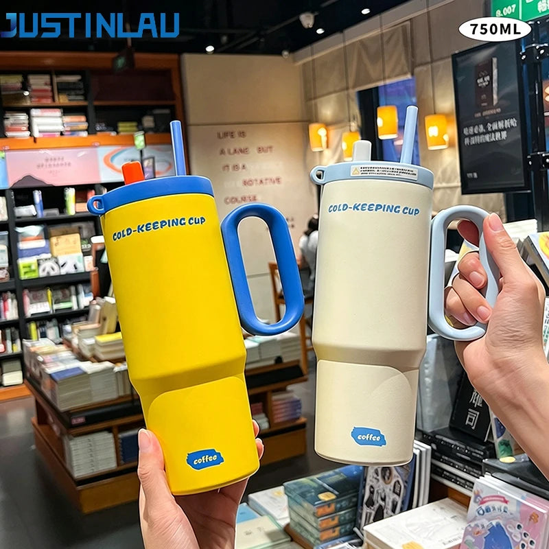 JUSTINLAU 750ml Insulated Cup Ice Tumbler 316 Stainless Steel Thermal Cups With Straw & Handle Cold Hot Outdoor Travel Car Cup