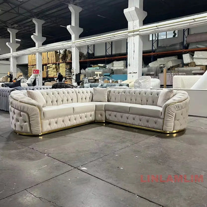 Luxury Chesterfield Sectional Sofa Set with Cloth Buttons and Fabric Modular Couch with Gold Stainless Steel Base, 3-seater Sofa