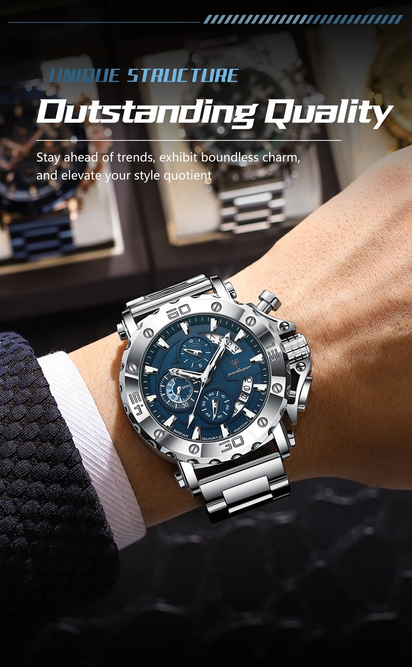 POEDAGAR Top Business Men's Wristwatch Luminous Waterproof Man Clock Chronograph Calendar Stainless Steel Quartz Watches For Men