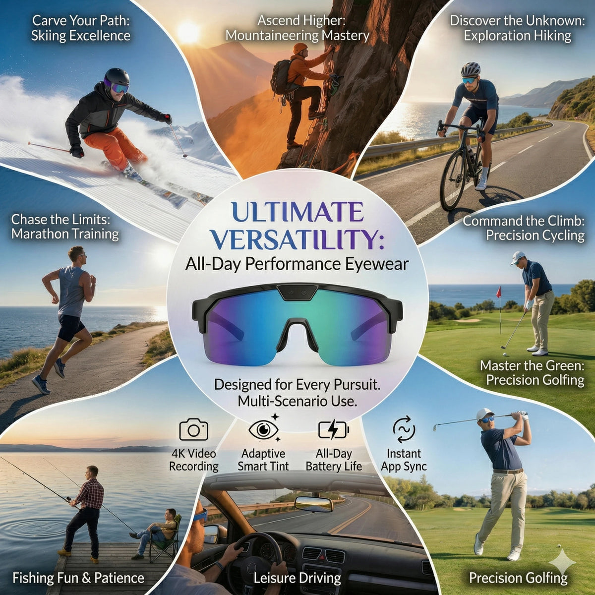 AI Smart Glasses 2026 New, 1200P HD Camera, 30MP Photo, Real Time Translation, Voice Control, Wireless 5.3 for Outdoor Vlog Use