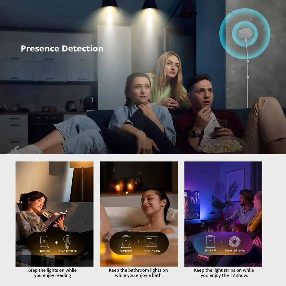 SONOFF SNZB 06P Zigbee Human Presence Sensor SNZB-06P Detector Motion Light Sensing Smart Home Automation Work with Alexa Google