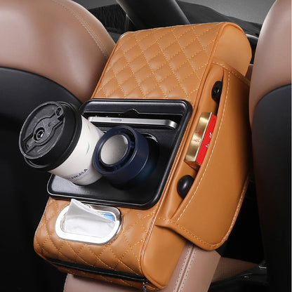 Car Armrest Box Multifunctional Thicken Height Pad Arm Rest Cushion with Pocket Tissue Cup Holder PU Elbow Support Height Pad